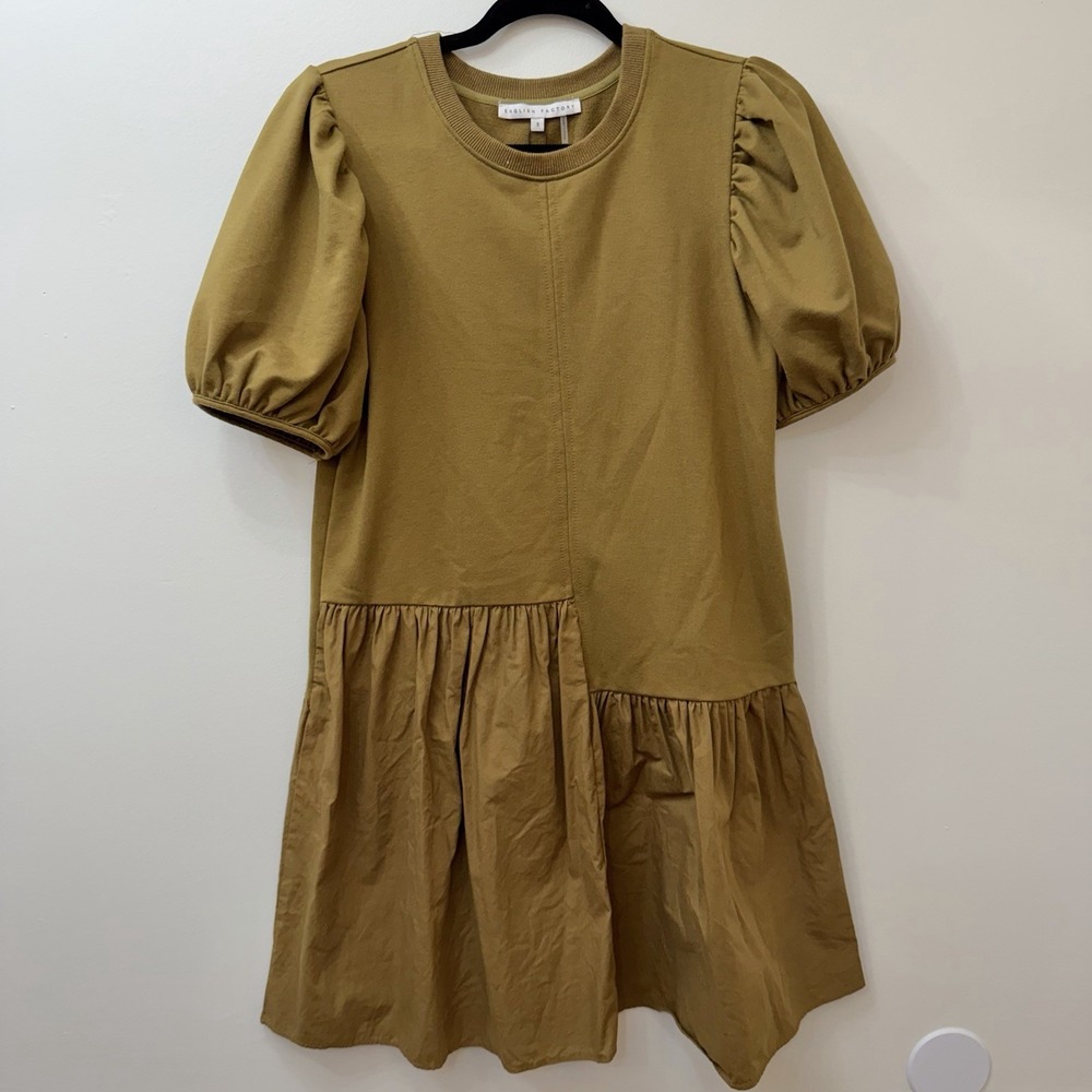 English Factory Dress S Short Puff Sleeve Brown Mixed Media Cotton Blend